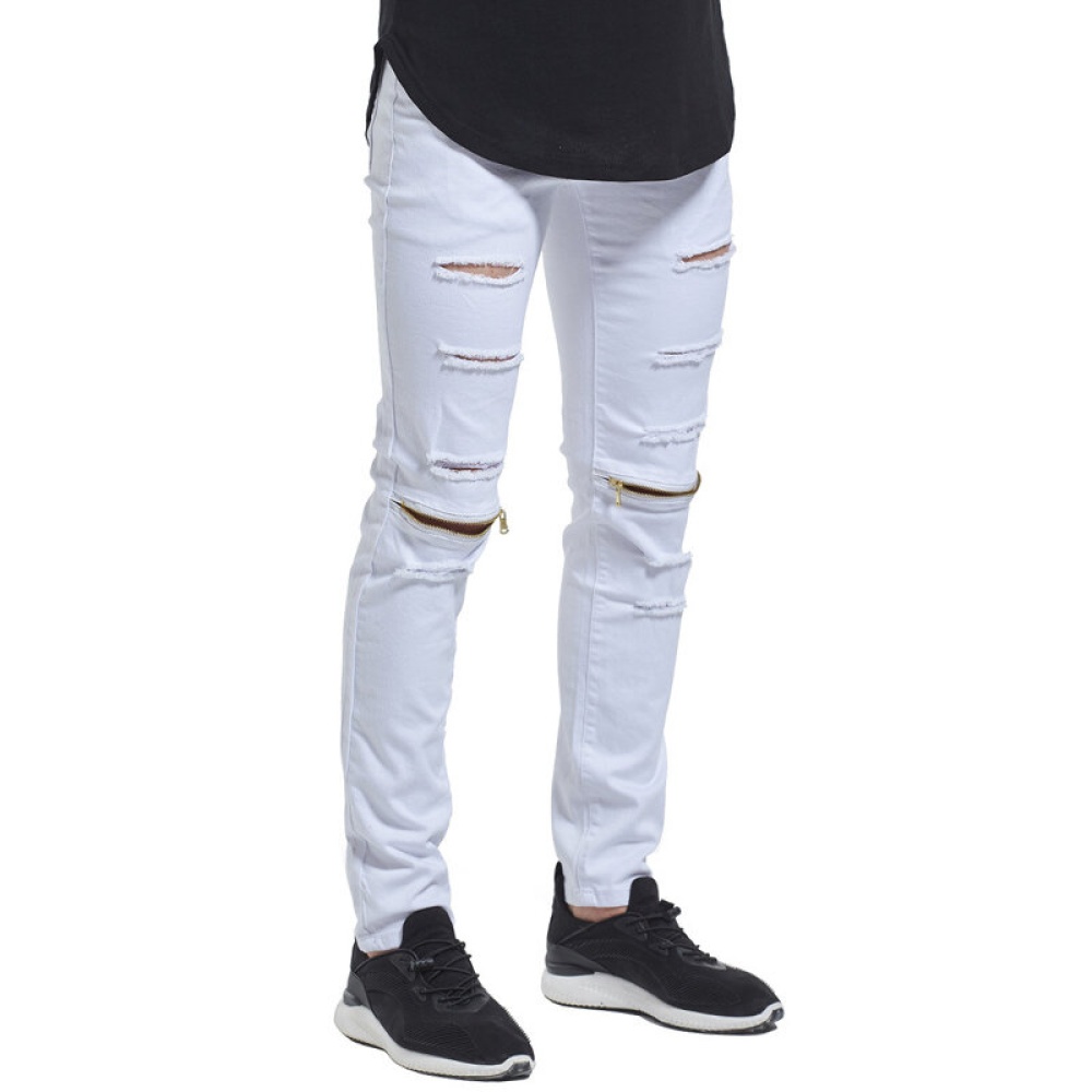 Skinny Hip Hop Ripped Knee Zipper Jeans - 30 White - Image 2