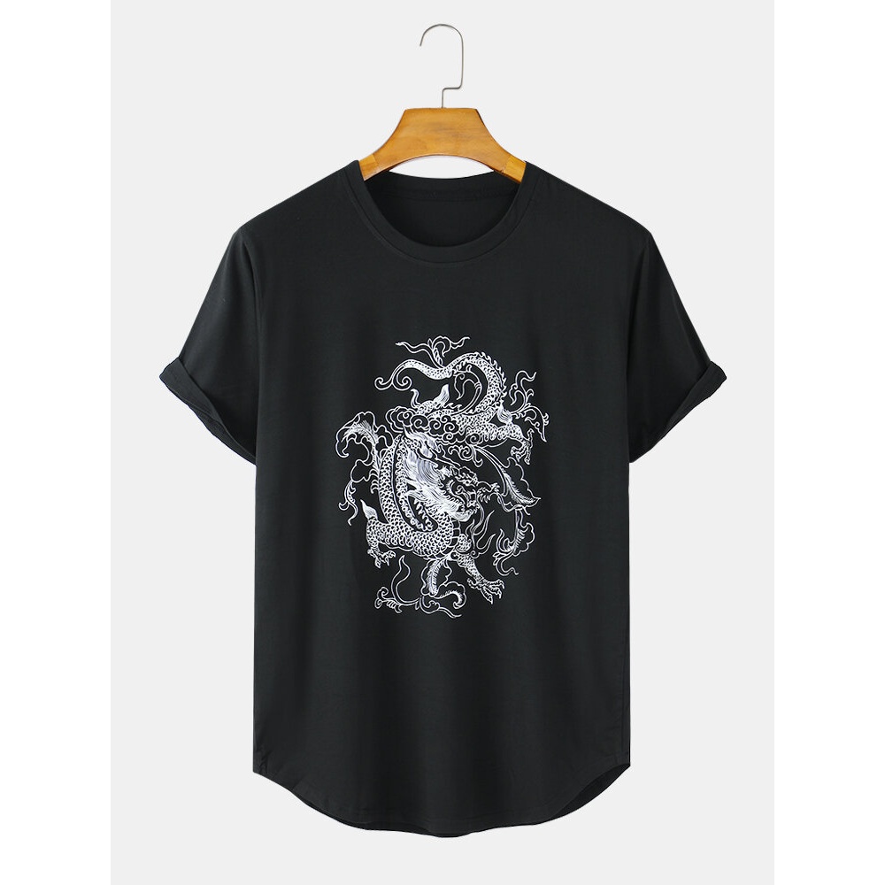 Mens Dragon Print Breathable Round Neck Casual Short Sleeve T-Shirts - Black S
