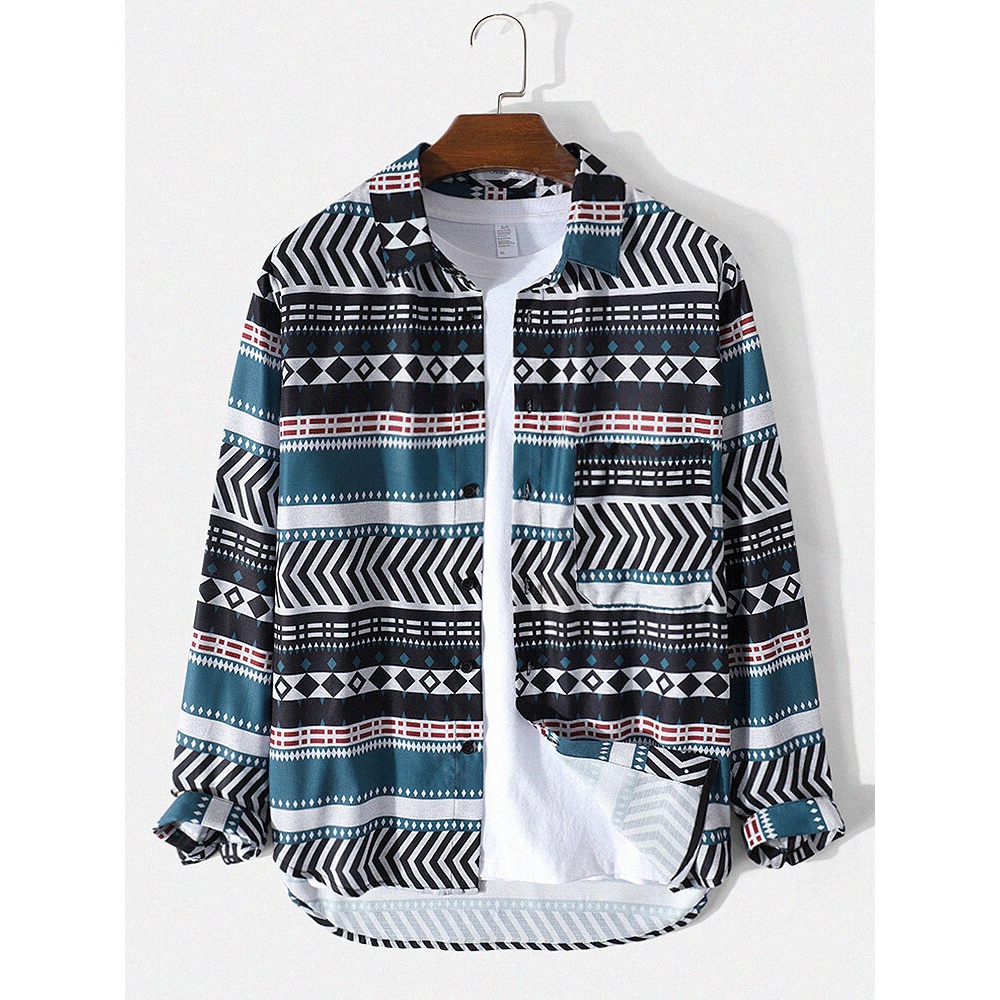Mens Ethnic Style Tribal Pattern Print Lapel Long Sleeve Shirt With Pocket - Black S