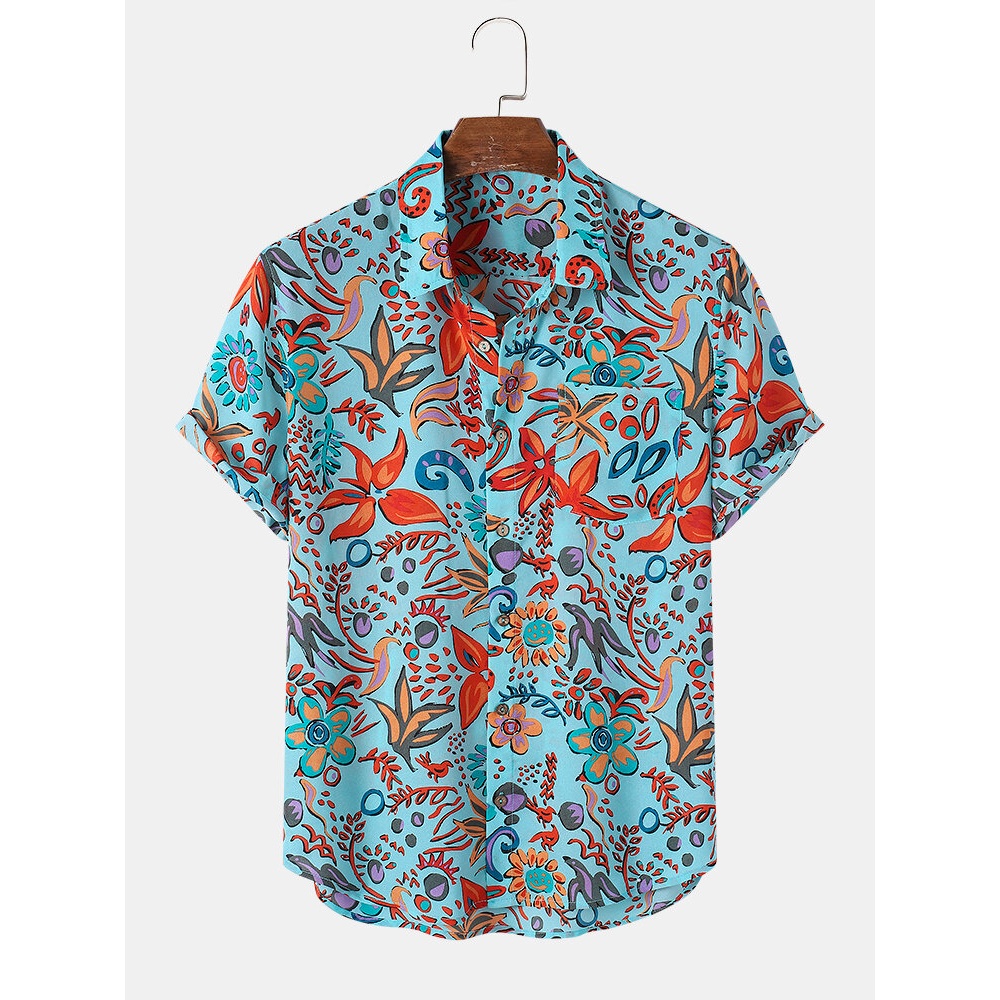 Mens Flower Print Lapel Short Sleeve Shirt - Blue S