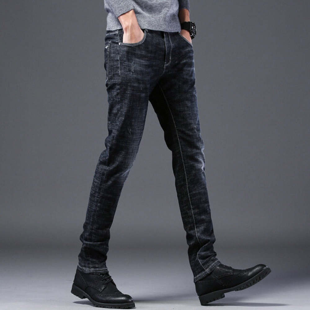 New Jeans Men's Small Straight Stretch Slim Trousers Youth Men's Cats Casual Pants - 28 Black - Image 2