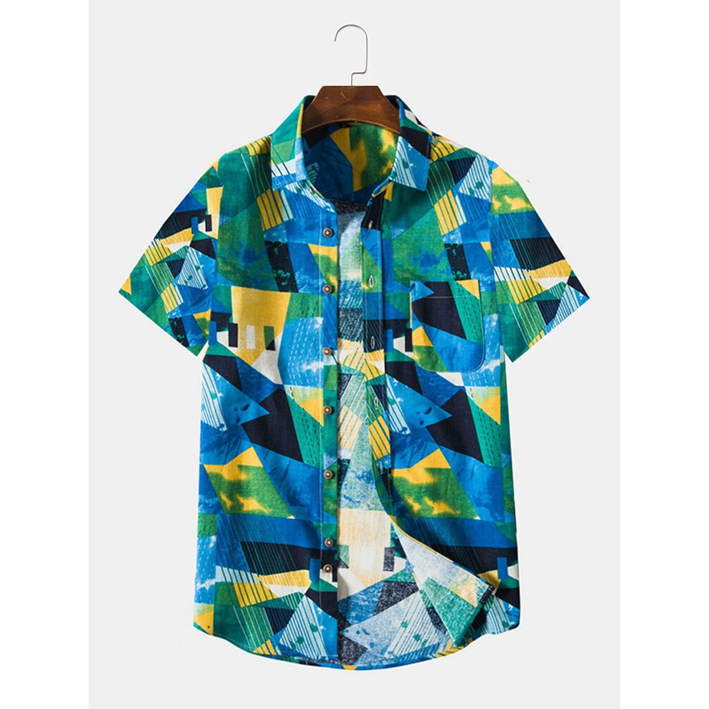 Mens Cotton Colorful Geometry Print Breathable Patch Pocket Short Sleeve Casual Shirts - Blue XL