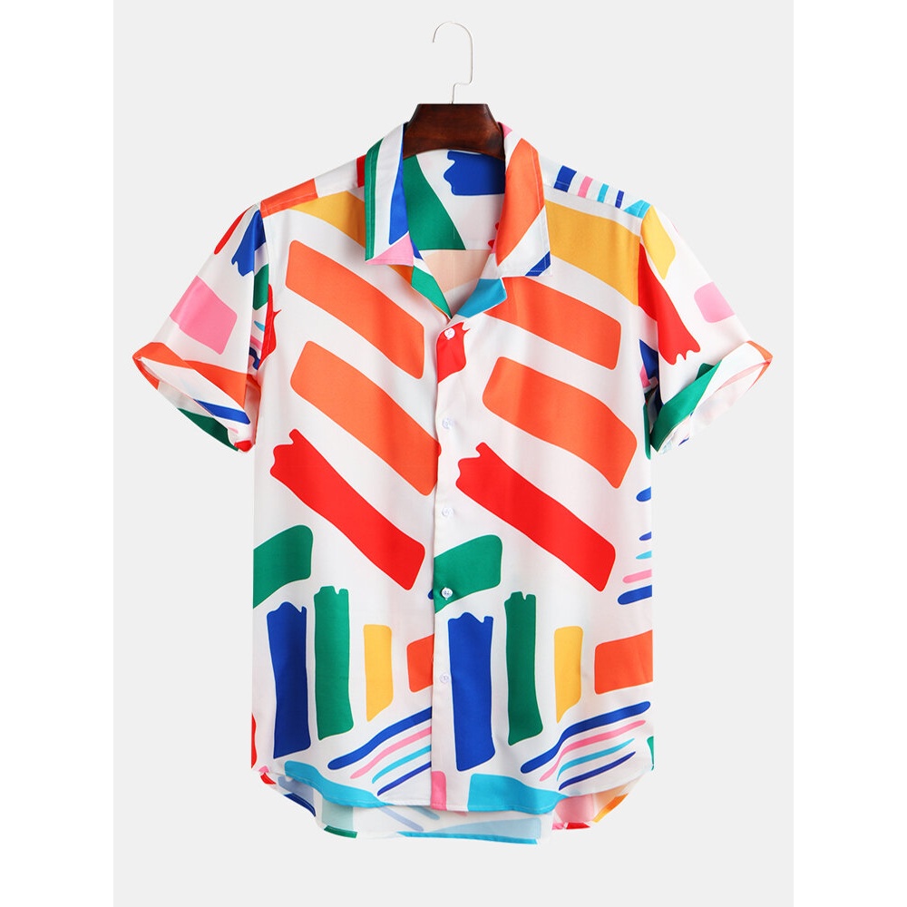 Mens Fashion Geometric Printed Breathable Casual Shirts - M Round