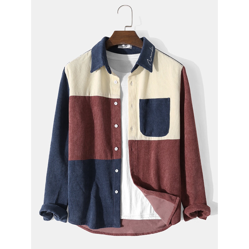 Men Colorblock Lapel Collar Corduroy Chest Pocket Long Sleeve Shirts - Pink S