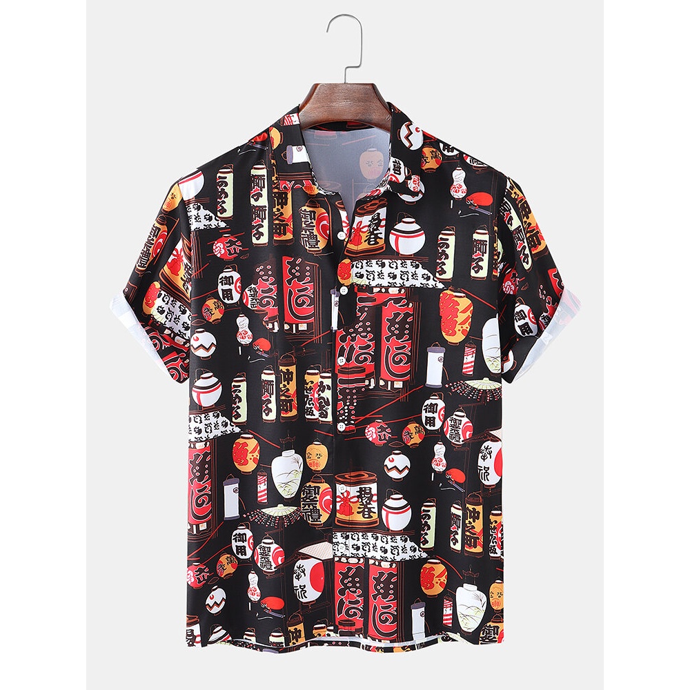 Mens Oriental Lantern All Over Print Lapel Short Sleeve Shirts - Black M