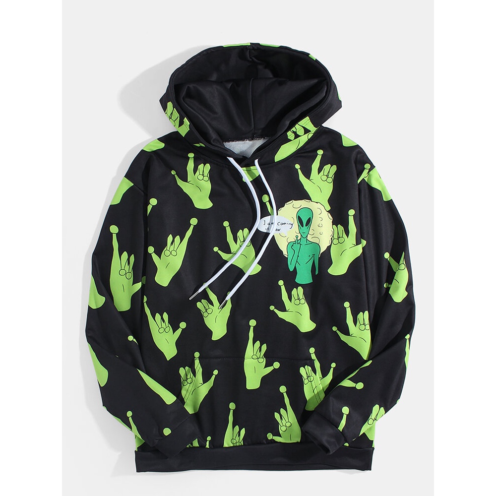 Mens Alien Gesture & Slogan Print Kangaroo Pocket Black Hoodies - Black M
