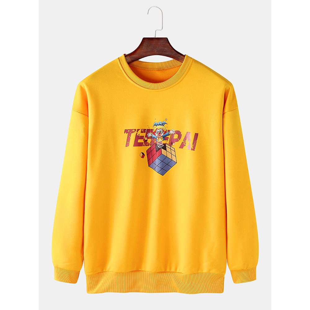 Mens Letter Print Cube Clown Pattern Pullover Long Sleeve Drop Shoulder Cotton Sweatshirts - White XL