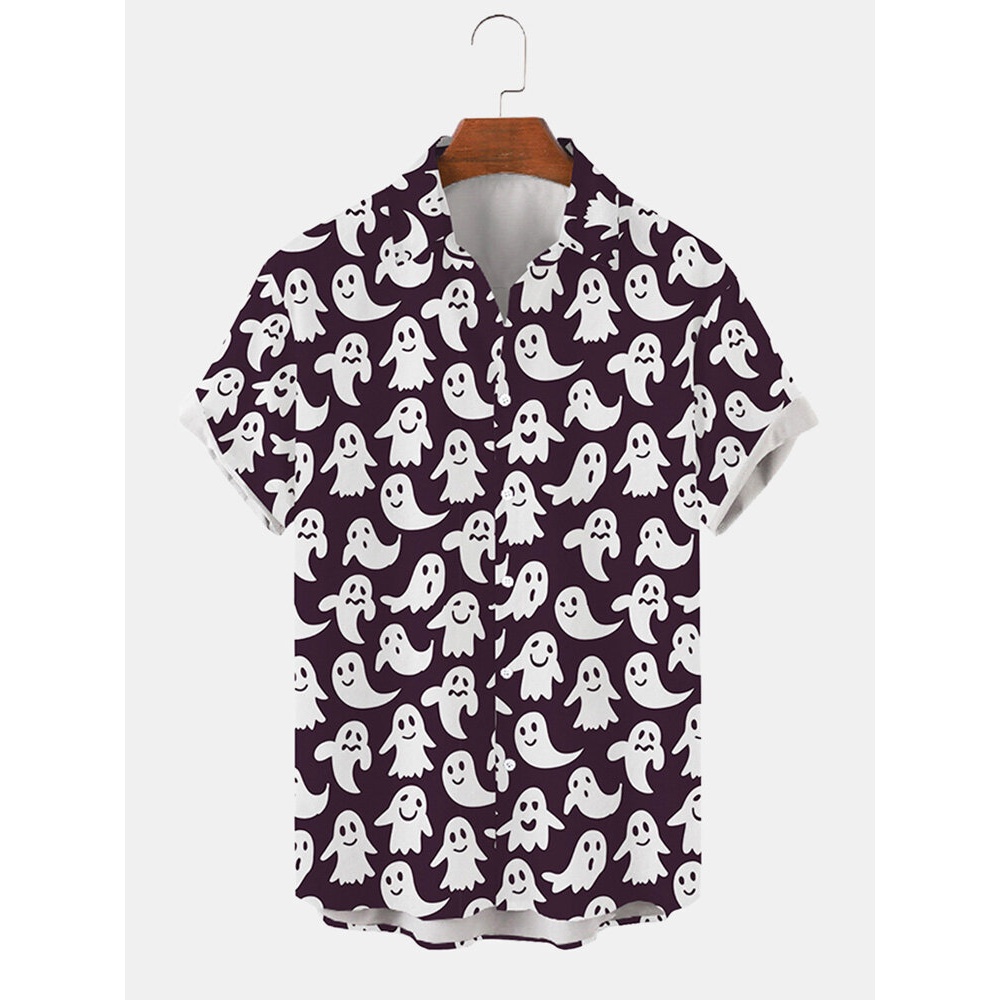 Mens  Full Printed Little Ghost Short Sleeve Shirt - Purple S