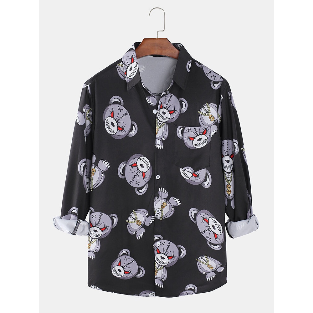 Mens Cartoon Bear Printing Light Casual Long Sleeve Shirts With Pocket - White S