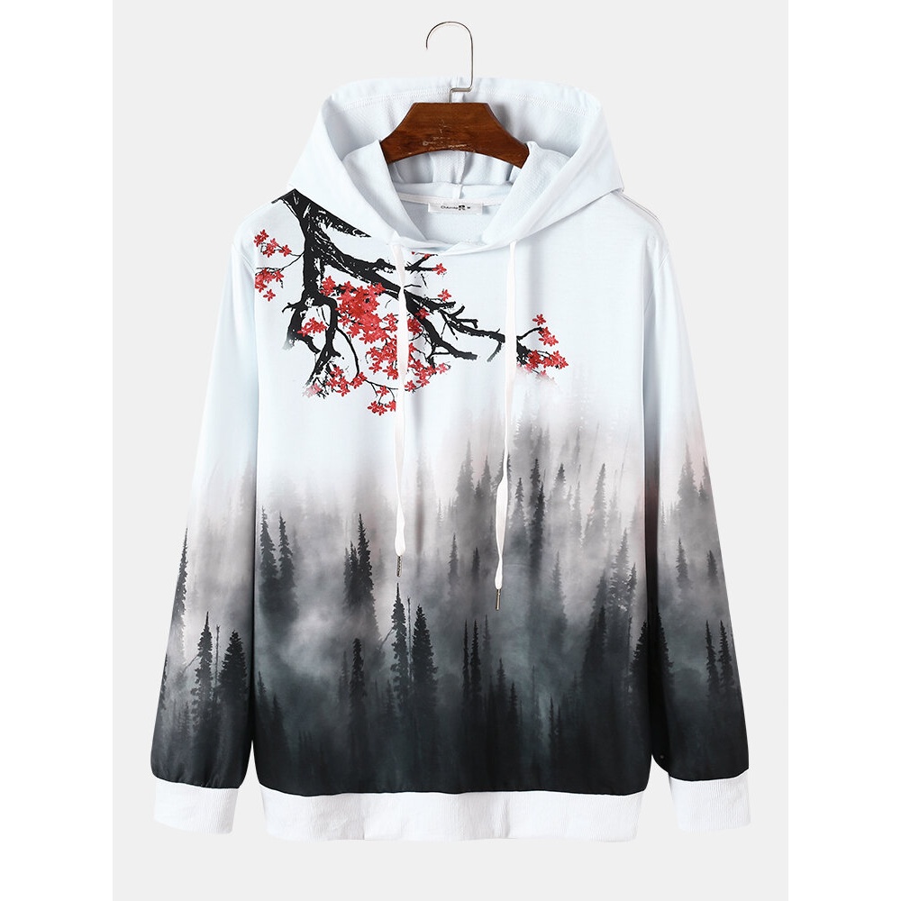 Men Landscape Blossom Trees Contrast Color Pullover Hooded Sweatshirt - White S