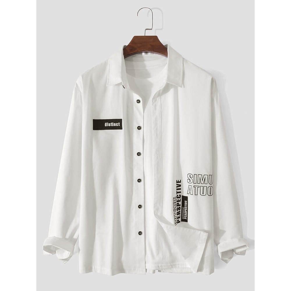 Men Label Collar Letter Long Sleeve Button Cuffs Leisure Shirts - White S