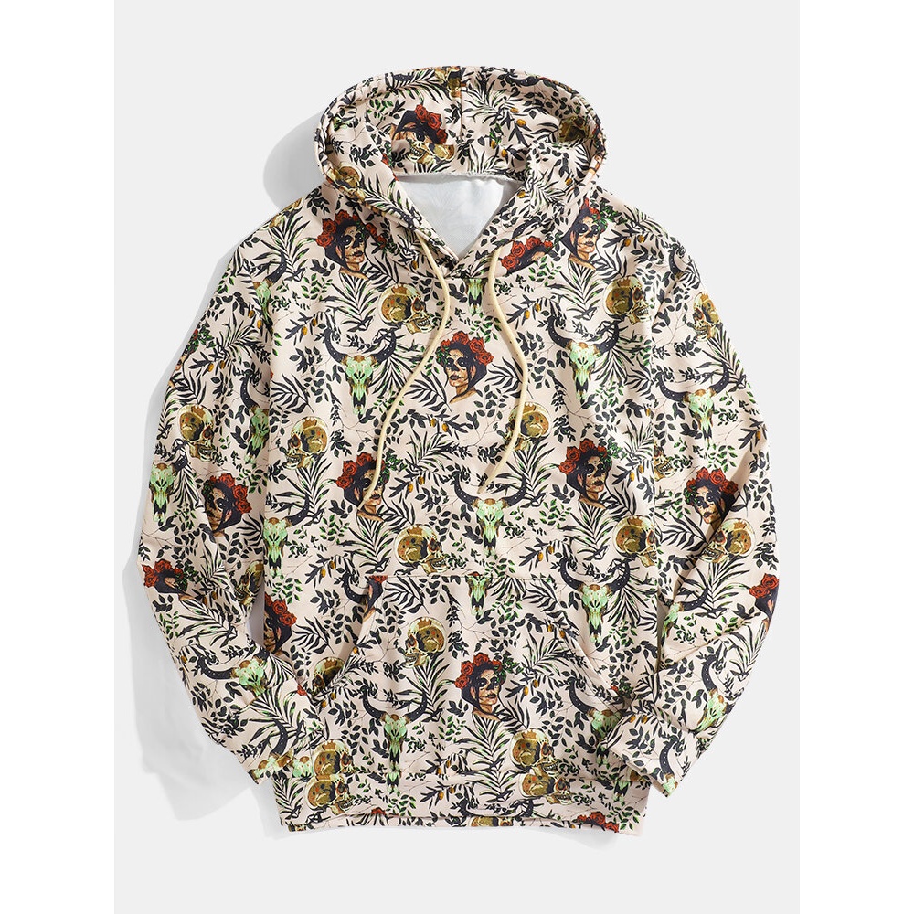 Mens Skeleton & Leaves Plant Print Kangaroo Pocket Long Sleeve Casual Hoodies - Apricot S