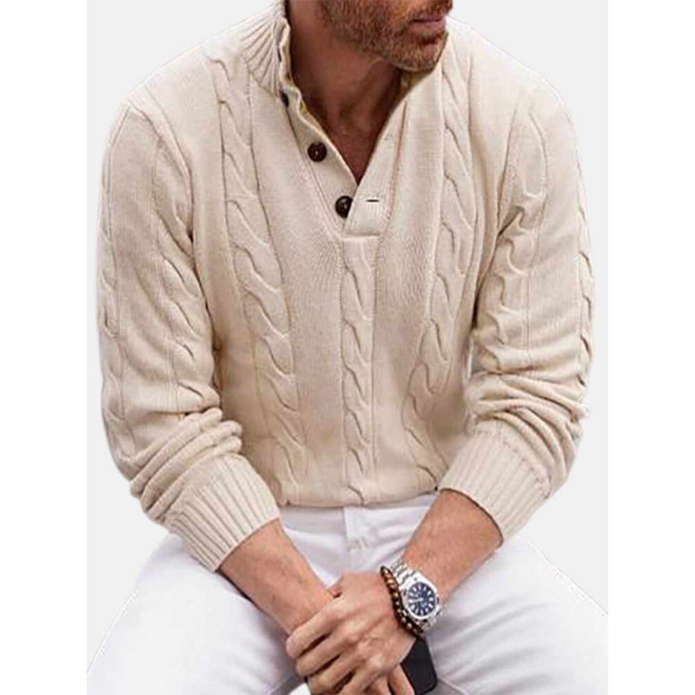 Mens Solid Color Cable Turtleneck Warm Knitted Sweaters - Apricot S