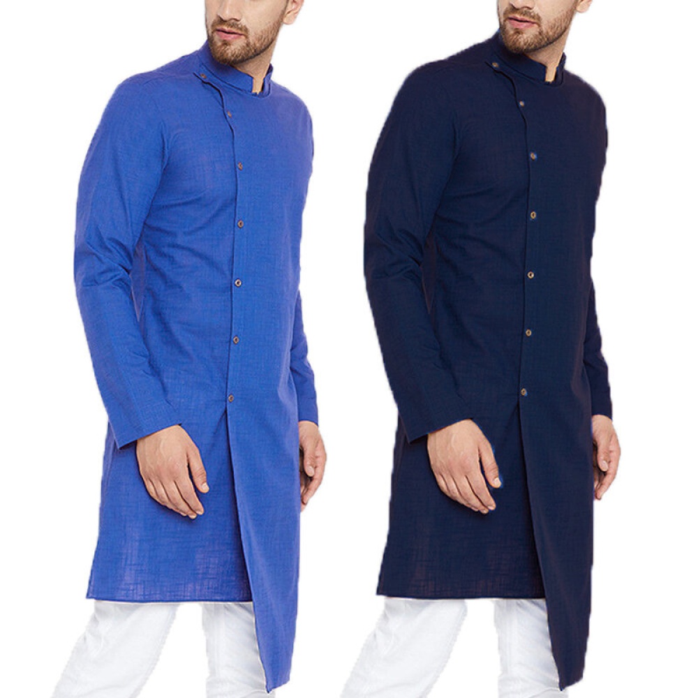 Mens Long Sleeve Grandad Neck Kurta Shirt Button Front Ethnic T Shirts Kaftan Tops - 3XL Navy