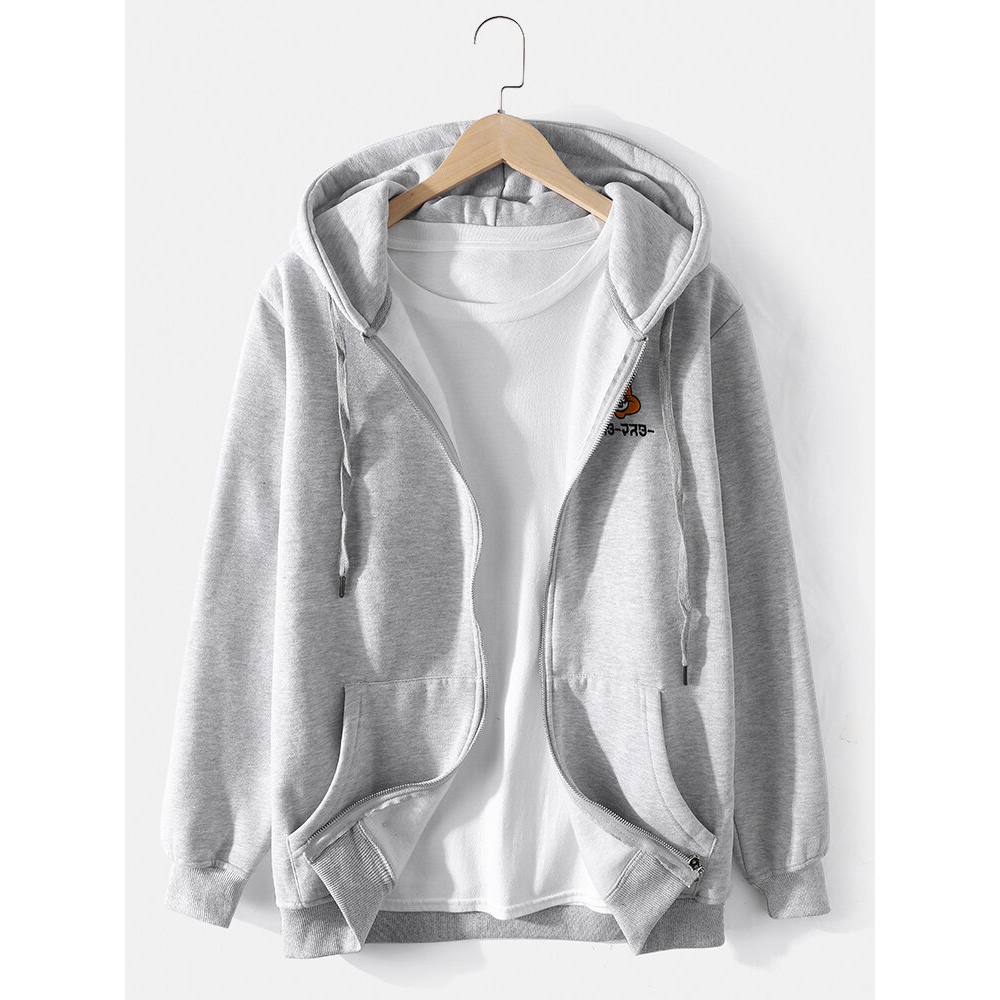 Mens Cotton Funny Embroidery Zipper Long Sleeve Kangaroo Pocket Hoodies - Grey M