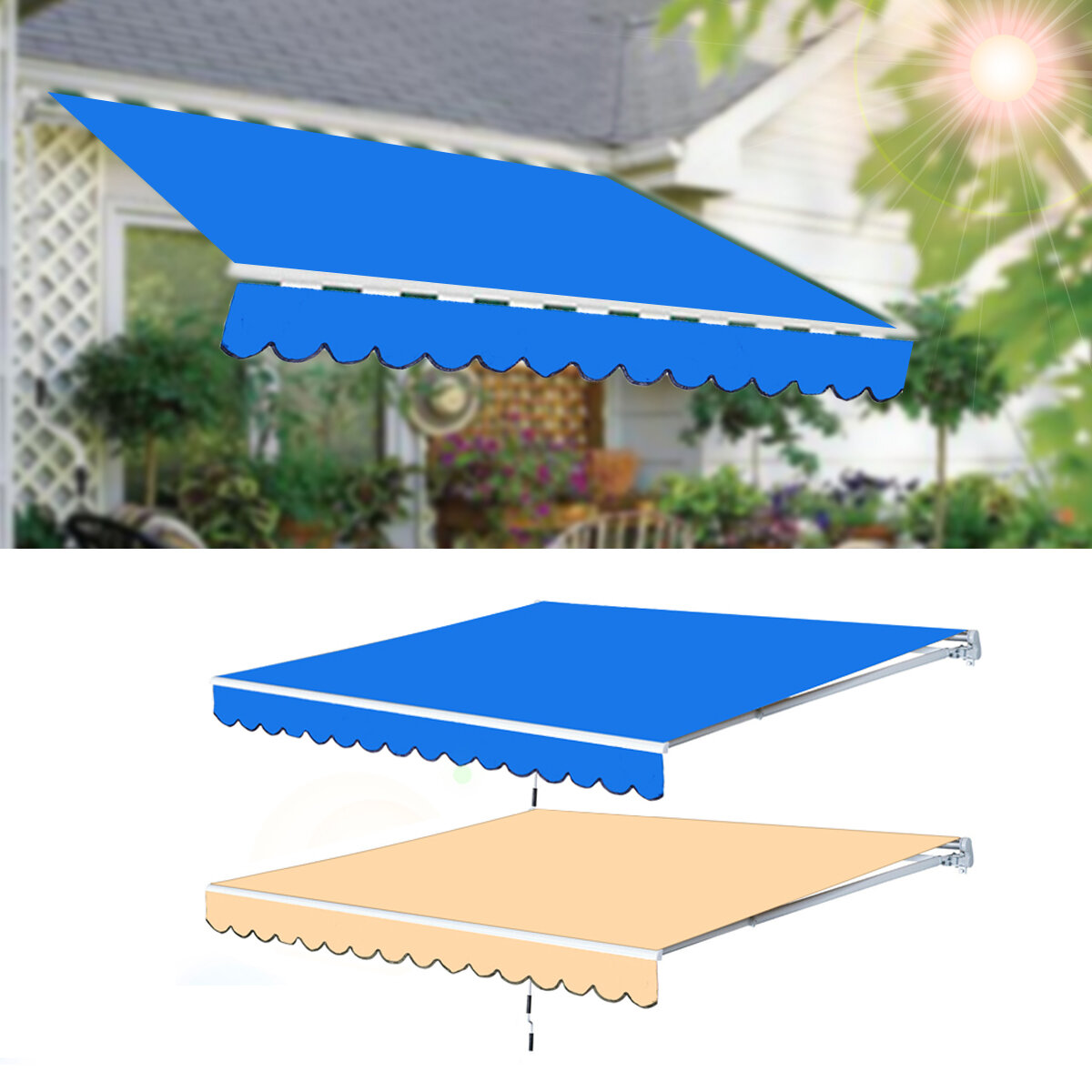 Multi-Size Garden Patio Awning Canopy Sun Shade Shelter Replacement Fabric Top Cover With Frill - Beige L