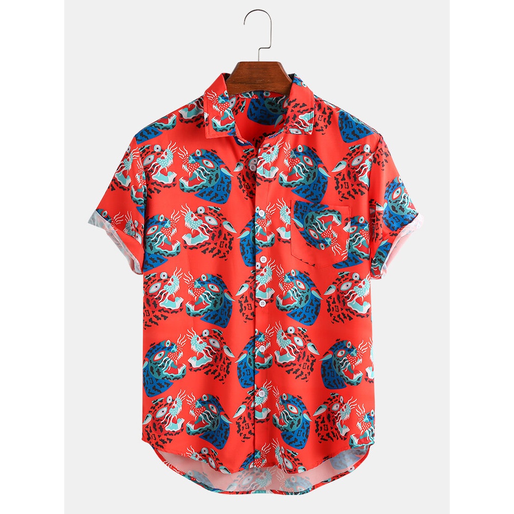 Mens Fashion Animal Funny Printing Turn Down Collar Casual Shirts - Red XL