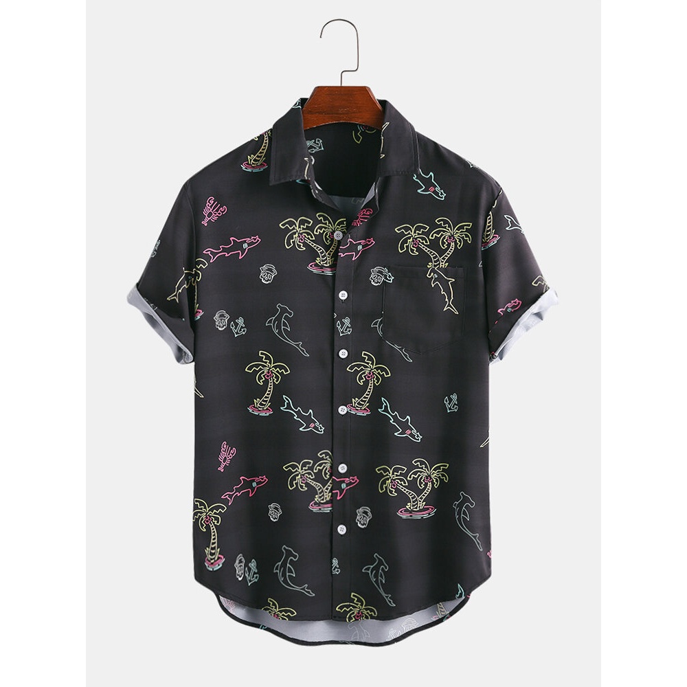 Mens Fashion Tree Printing Breathable Turn Down Collar Short Sleeve Casual Shirts - Black XL