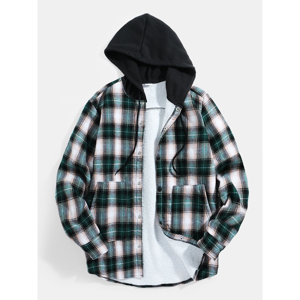 Mens Vintage Plaid Double Pocket Warm Thicken Plush Hooded Shirts - 2XL Green