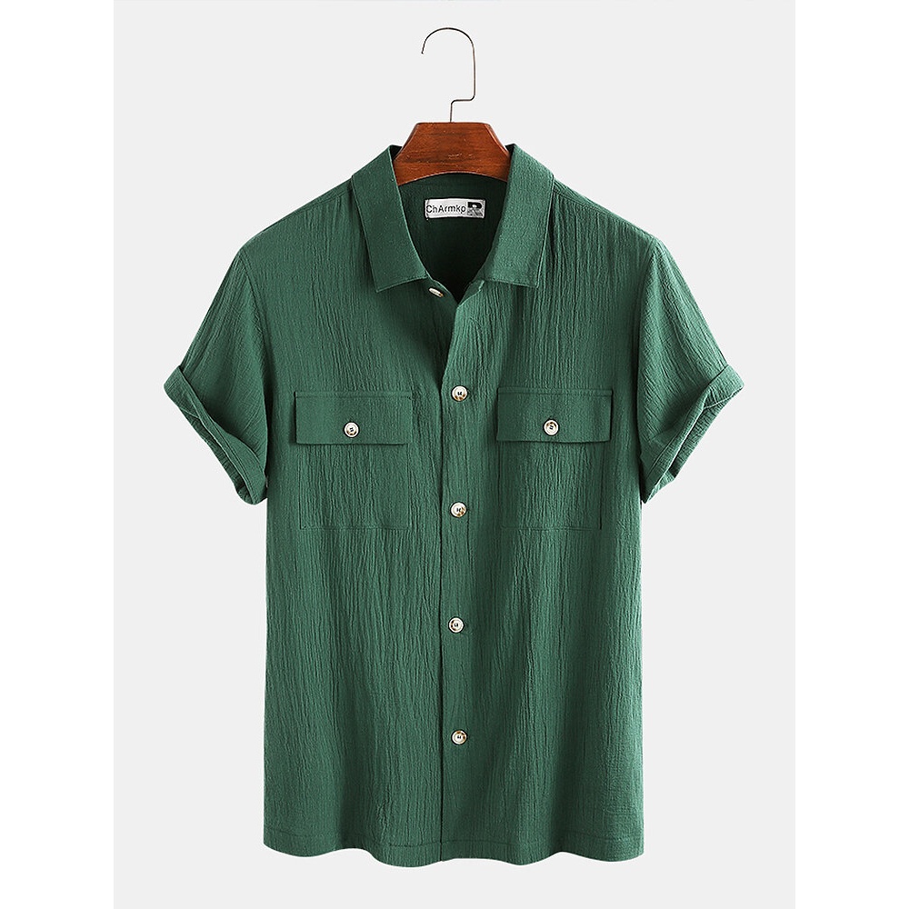 Mens Cotton Dual Pockets Solid Color Turn Down Collar Short Sleeve Shirts - Yellow M