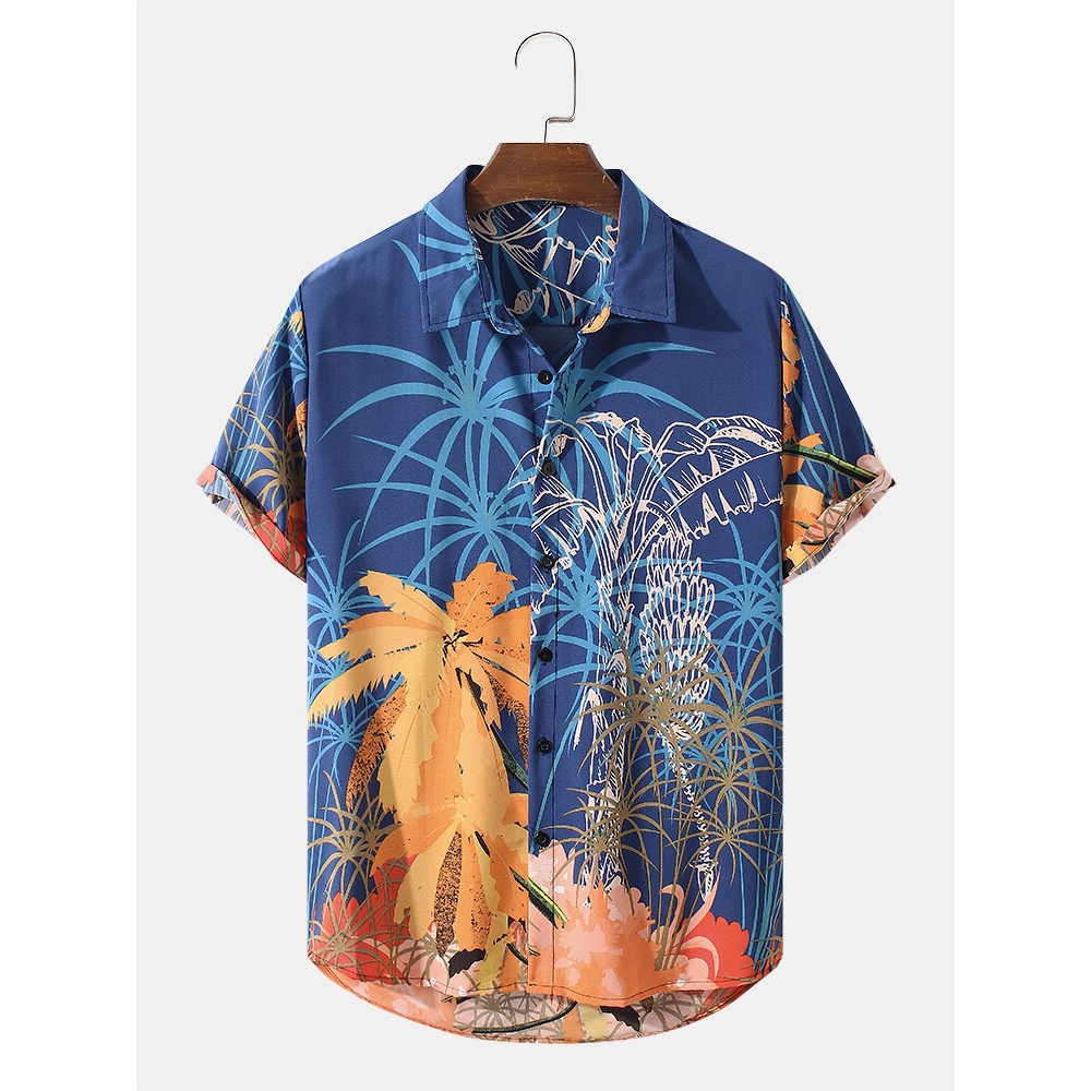 Mens Plant Coconut Tree Print Lapel Short Sleeve Shirt - Black S