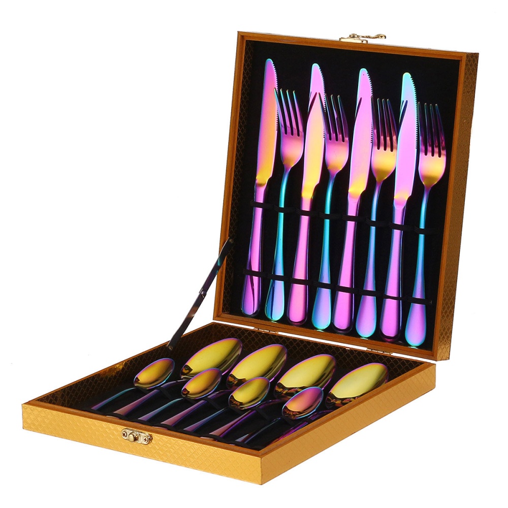 16PCS Cutlery Set Stainless Steel Rainbow Fork Spoon Kitchen Dinnerware Sets With Storage Box - Colorful - Image 2