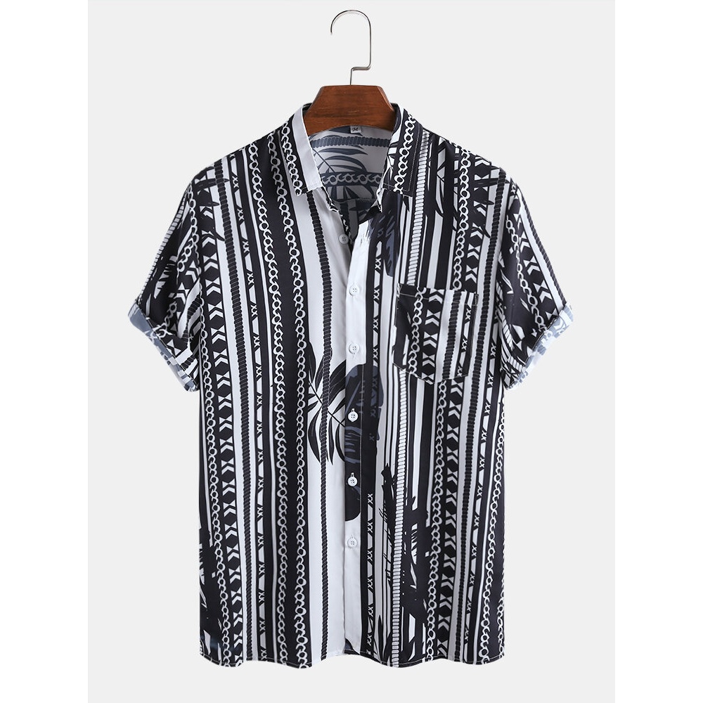 Mens Ethnic Stripe Leaf Print Chest Pocket Short Sleeve Shirts - Black M