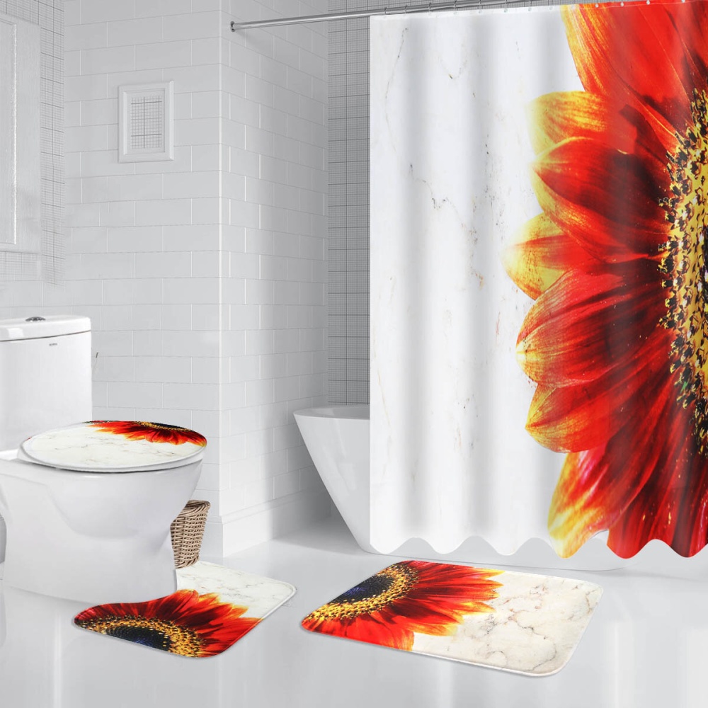 Waterproof Bathroom Shower Curtain Pedestal Rug Lid Toilet Cover Mat Bath Mat Set for Home Decoration - Type B - Image 2