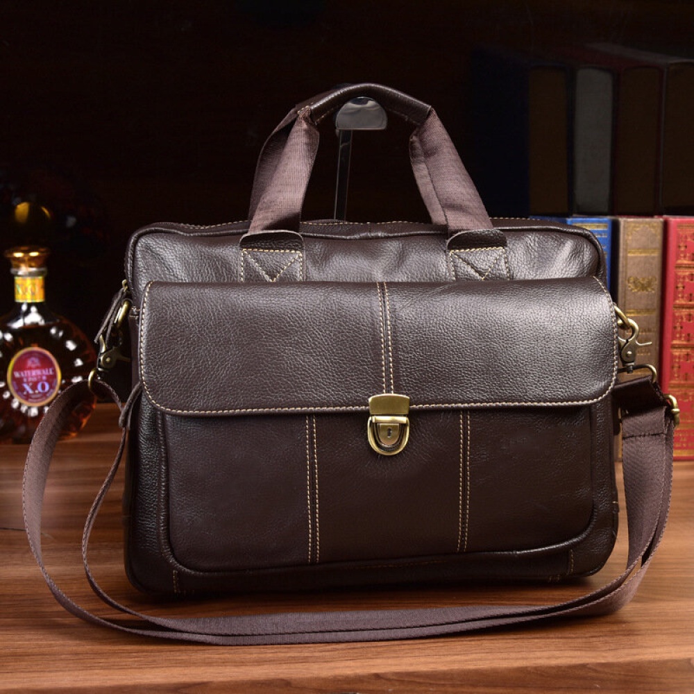 Men's Top Layer Pure Leather Shoulder Bag Casual Business Messenger Luggage Bag - Black - Image 2