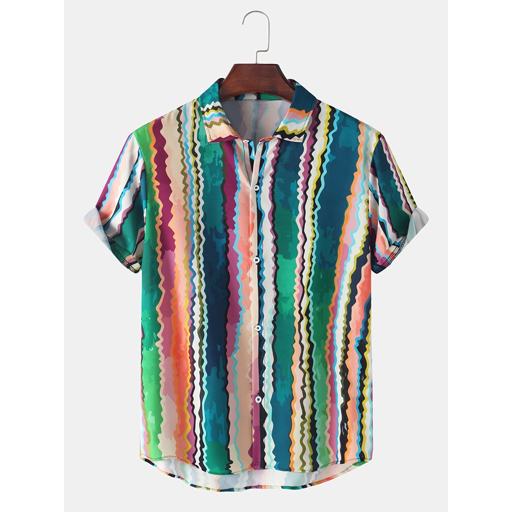 Coloful Wave Stripe Hawaii Holiday Lapel Collar Mens Short Sleeve Shirts - Colorful S