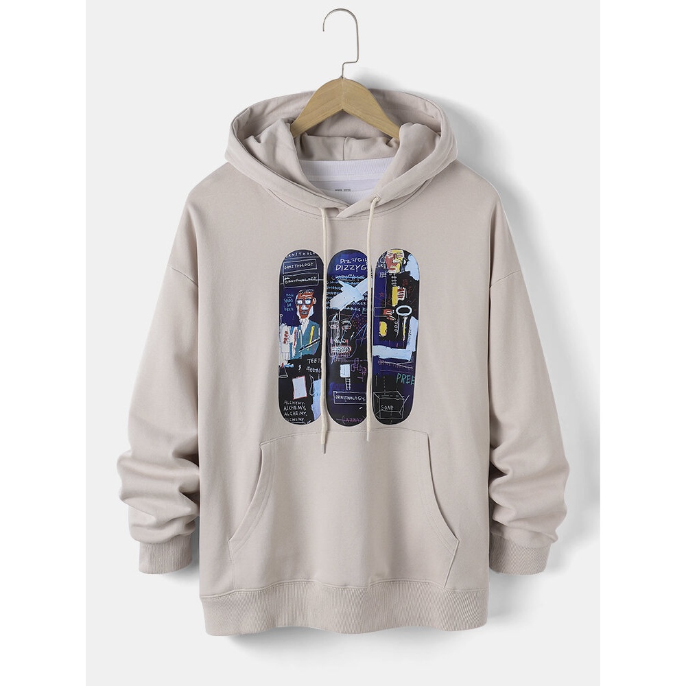 Mens Cotton Funny Skateboard Graffiti Print Drop Shoulder Hoodies With Pocket - White M