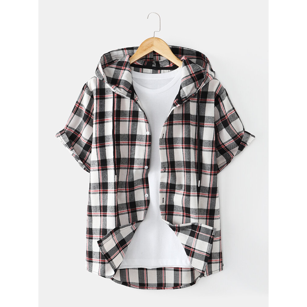 Mens Check Button Up Casual Short Sleeve Shirts With Hood - White S