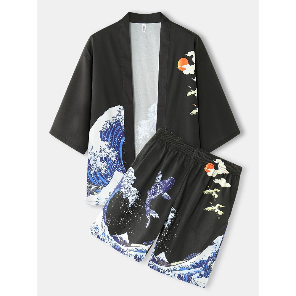 Mens Kimono Waves & Cap Pattern Japanese Elastic Waist Two Piece Outfits - Black S