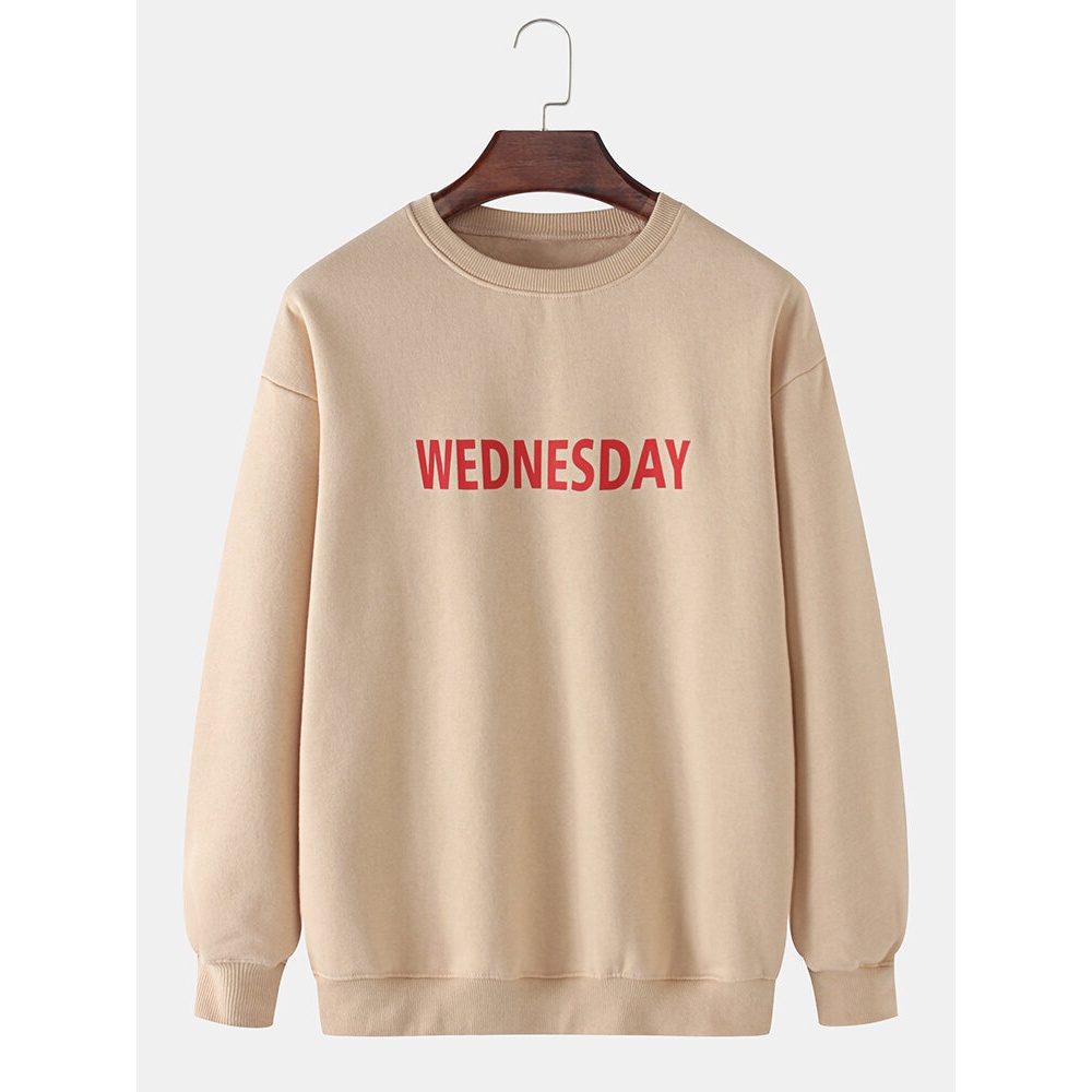 Mens Cotton Simple Letter Print Pullover Long Sleeve Drop Shoulder Sweatshirts - White M