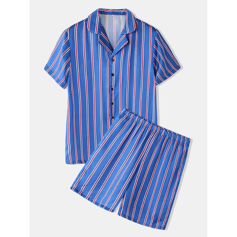 Mens Colorful Stripe Print Button Up Faux Revere Collar Short Sleeve Home Shirts - Blue M