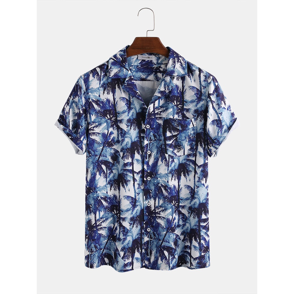 Men Tropical Coconut Tree Gradient Printed Turn Down Collar Pocket Short Sleeve Hawaii Beach Shirts - Blue M