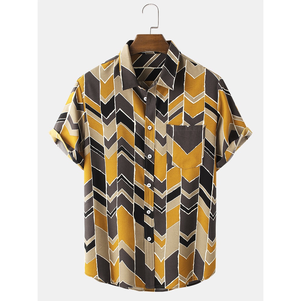 Mens Casual Pocket ColorBlock Short Sleeve Shirts - Yellow S