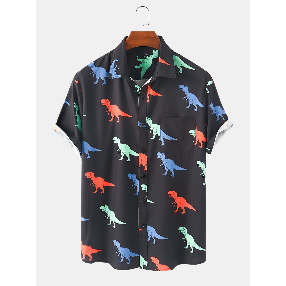 Mens Funny Dinasour Cartoon Short Sleeve Casual Shirts - Black S