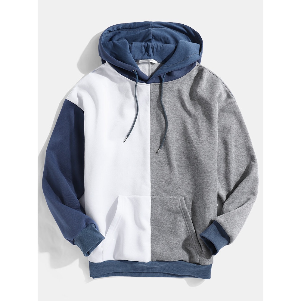 Mens Patchwork Kangaroo Pocket Drop Shoulder Design Hoodies - Grey S