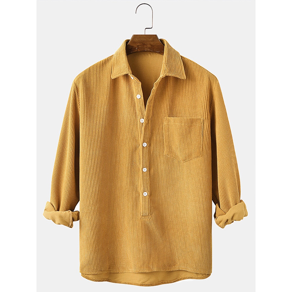 Corduroy Solid Henley Collar Chest Pocket Long Sleeve Shirts - Yellow S
