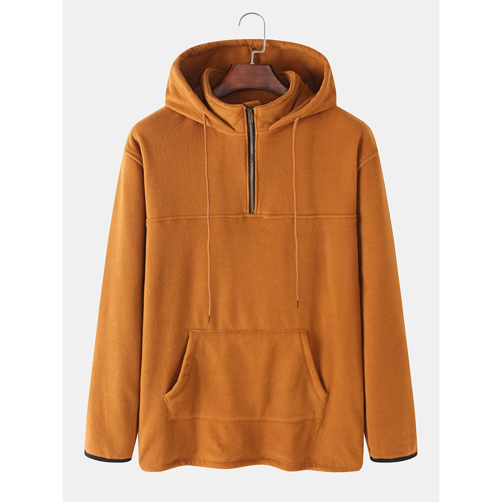 Mens Solid Color Half Zipper High Neck Long Sleeve Hoodies - Khaki S