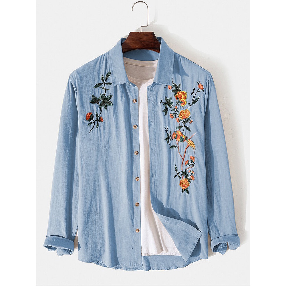 Mens 100% Cotton Embroidery Plants Chinese Stlye Stroll Outwear Shirt - Khaki S