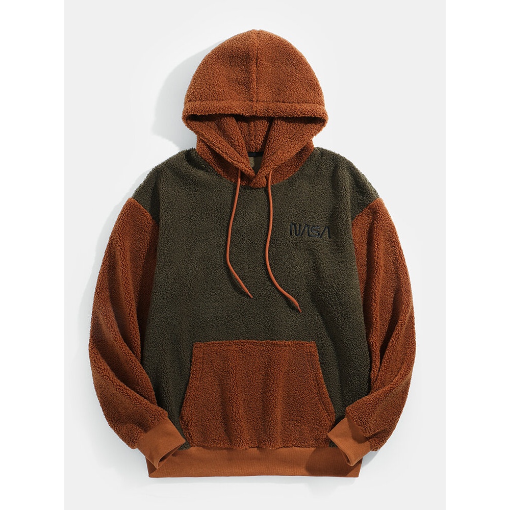 Mens Embroidery Contrast Patchwork Plush Teddy Hoodies - Brown S