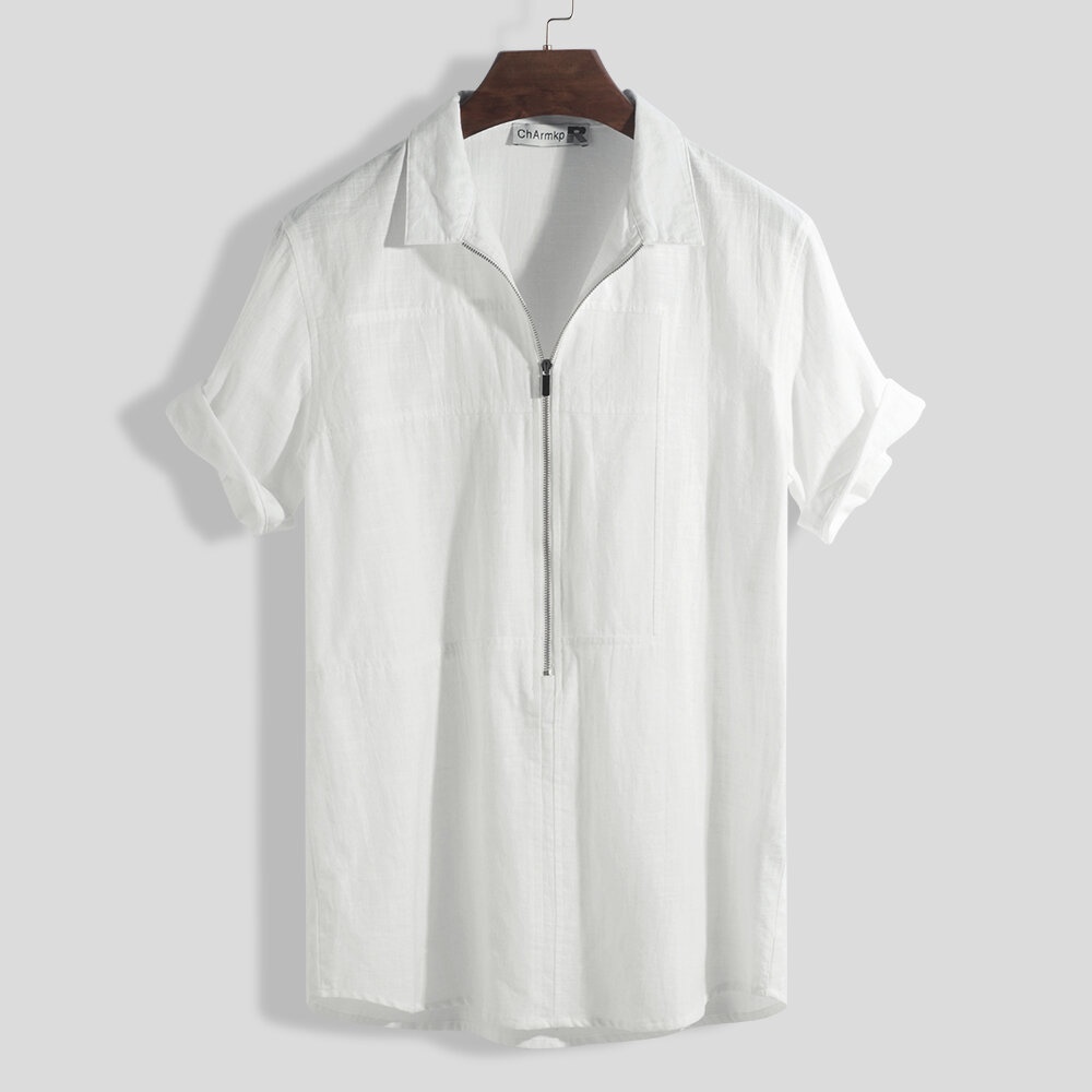 Mens Cotton Half Zipper Loose Casual Shirts - XL White - Image 2