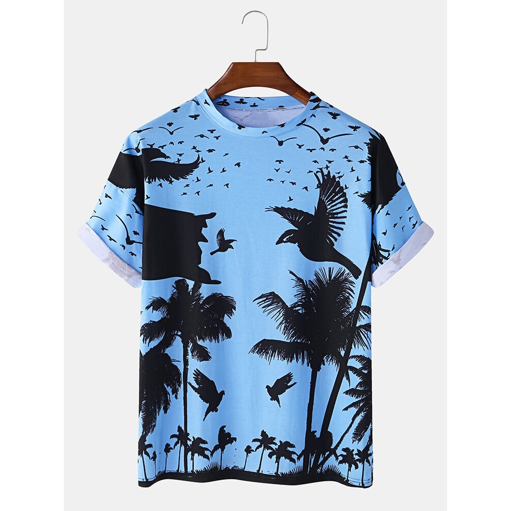 Mens Tropical Style Birds Trees Printing Short Sleeve Crew Neck Casual T-Shirts - Black L
