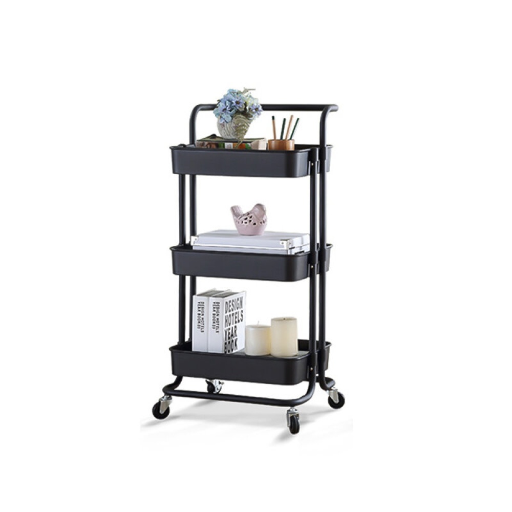 3-Tier Trolley Cart Storage Organizer Holder Automatic Draining for Kitchen Home - Black - Image 2