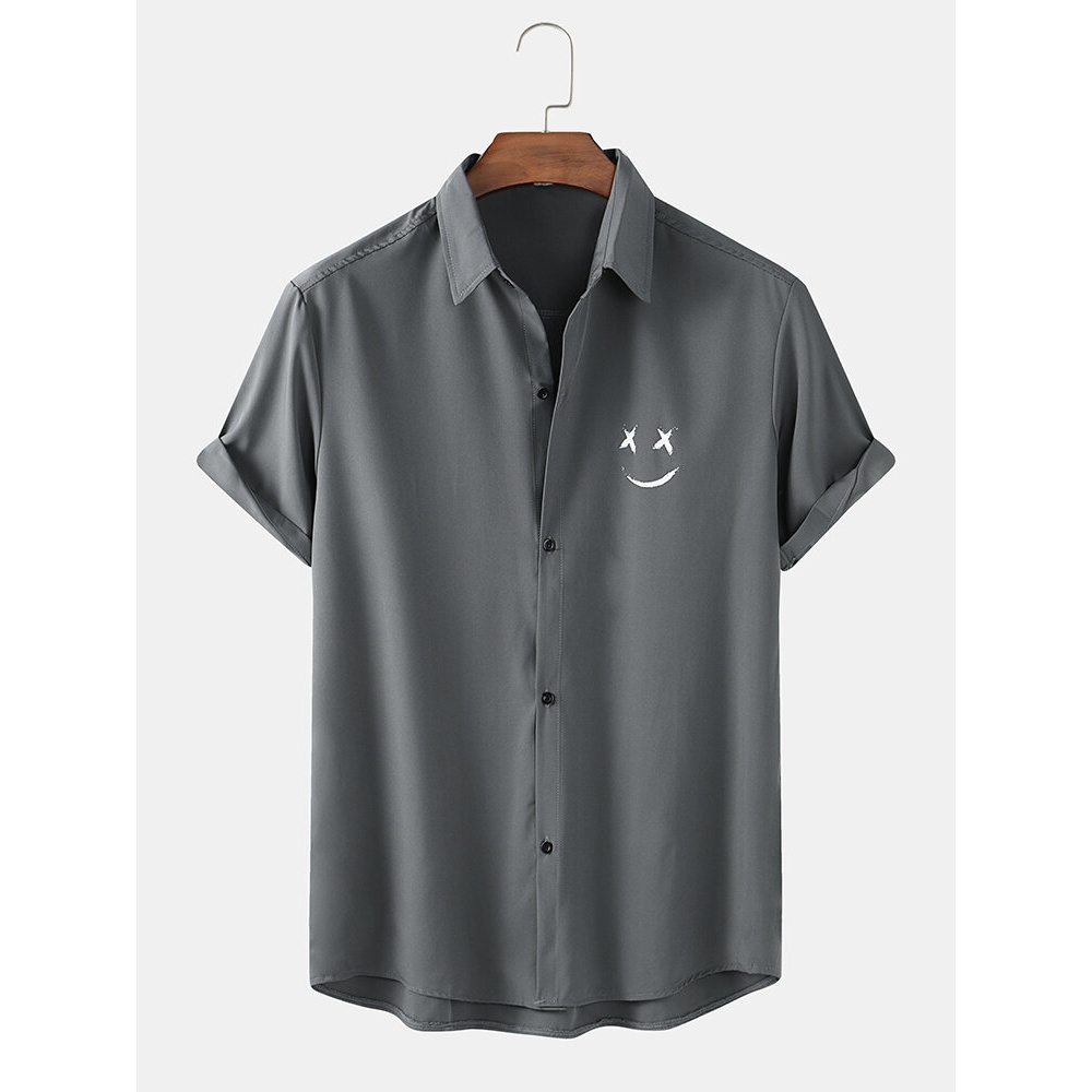 Mens Graffiti Smile Print Lapel Collar Casual Short Sleeve Shirts - White S