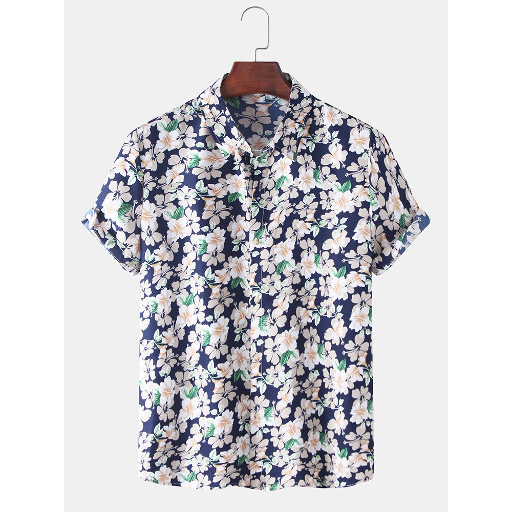 Holiday Style Mens Floral Print Lapel Collar Casual Short Sleeve Shirts - Royal Blue M