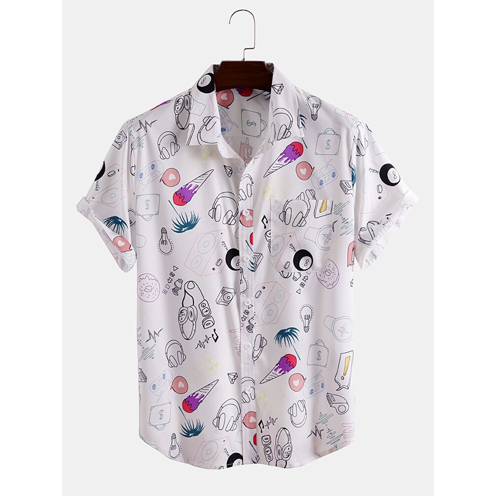 Mens Cartoon Print Turn Down Collar Short Sleeve Shirts - White M