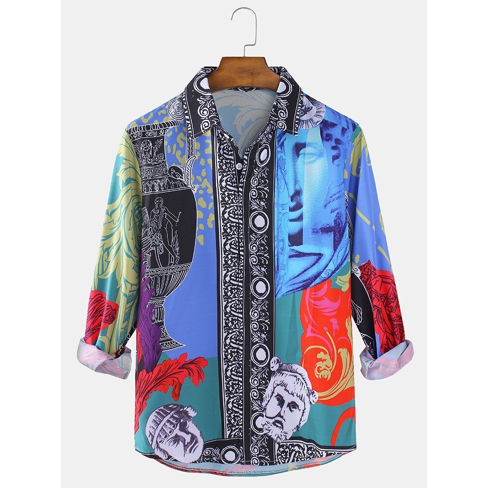 Colorful Mens Baroque Print Button Up Long Sleeve Ethnic Style Shirts - Colorful M